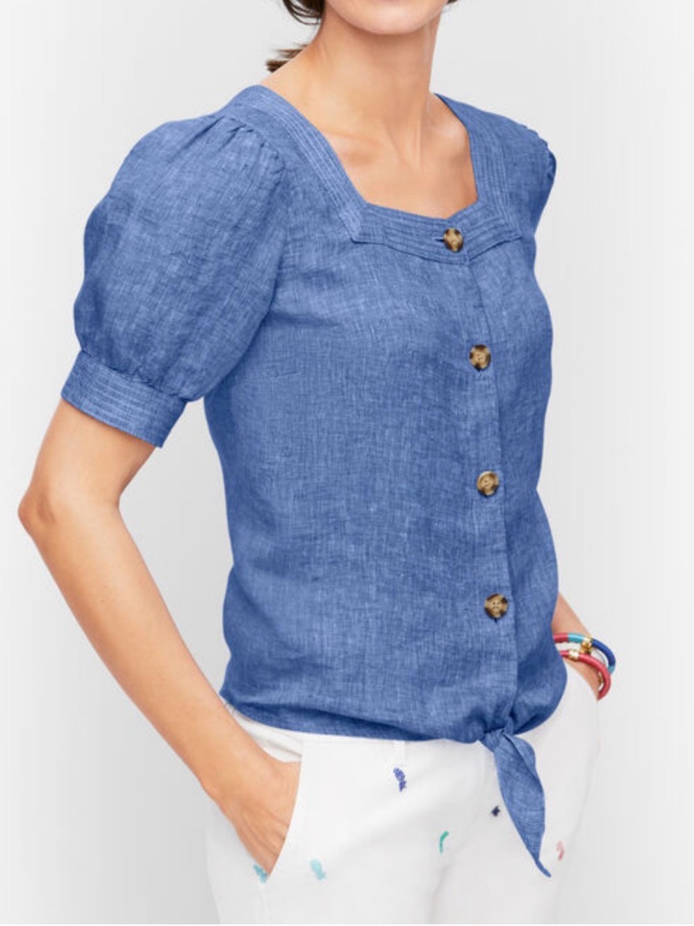 Talbots Blue Linen Button Front Tie Hem Top, size S